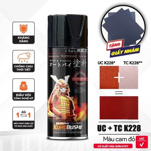 COMBO Sơn xịt SAMURAI -  màu cam đỏ Kawasaki UC+ TC K228 gồm 4 chai đủ quy trình (Lót - Nền UCK228 - Màu TCK228 - Bóng)