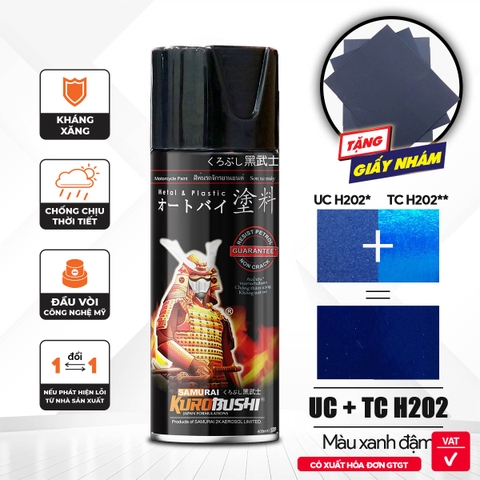 COMBO Sơn xịt Samurai Kurobushi - MÀU XANH TÍM Honda UC+TCH202 (400ml) chuyên dùng cho xe máy