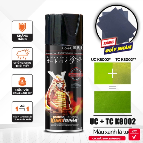 COMBO Sơn xịt Samurai -MÀU XANH LÁ TƯƠI Kawasaki UC+ TC K8002 gồm 4 chai đầy đủ quy trình (Lót- UCK8002- TCK8002 - Bóng)