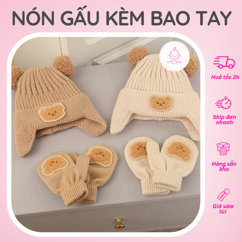 Nón Len Hình Gấu Xoăn 2 Quả Bông Kèm Bao Tay Giữ Ấm Cho Bé