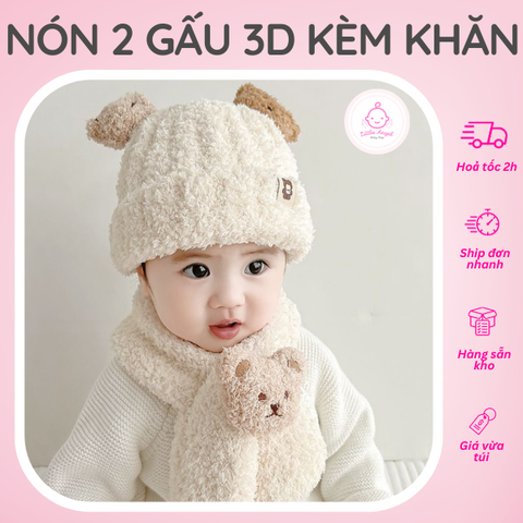 Nón Len 2 Tai Gấu 3D Kèm Khăn Cổ Gấu Đáng Yêu Cho Bé