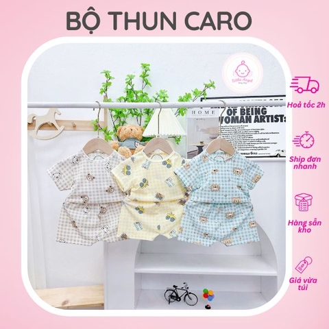 Bộ Thun Caro Gân Cộc Tay Thoáng Mát Đáng Yêu Dành Cho Bé Từ 6 - 18 Kg