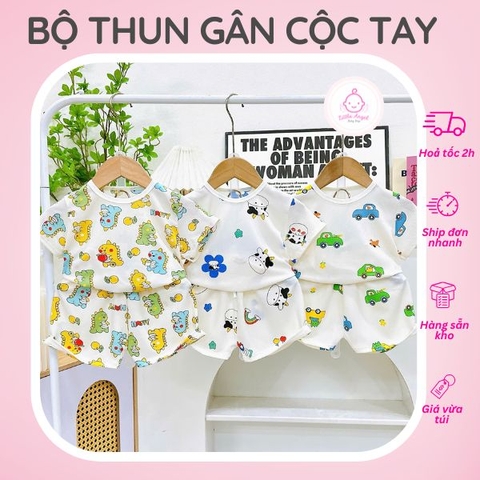 Bộ Thun Gân Trắng Cộc Tay Thoáng Mát Đáng Yêu Dành Cho Bé Từ 6 - 18 Kg