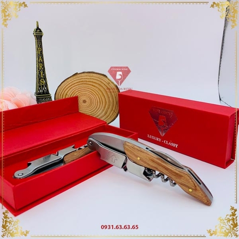 Khui Rượu Vang Cán Sồi Hộp Giấy Nhung Wine Center Màu Đỏ