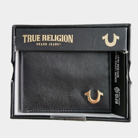 Ví True Religion 'Aglet' Slim Bifold RIFD Leather Wallet Black Gold TR203418