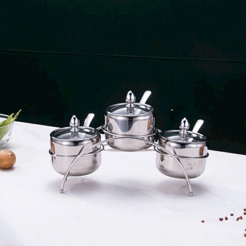 Hũ Gia Vị Inox 3 Ngăn Kèm Kệ Thép Không Gỉ
