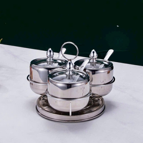 Hũ Gia Vị Inox 3 Ngăn Kèm Kệ Thép Không Gỉ