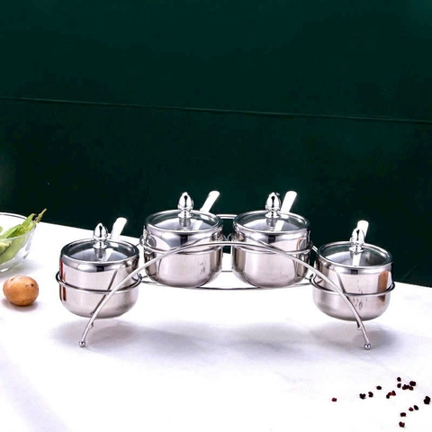 Hũ Gia Vị Inox 4 Ngăn Kèm Kệ Thép Không Gỉ