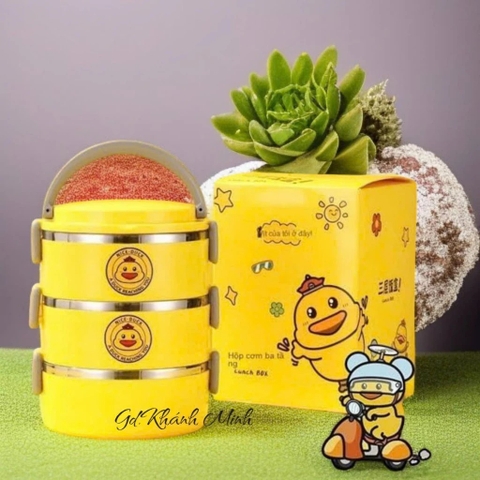 Hộp Cơm Trưa Ba Tầng Cách Nhiệt Bằng Thép Không Gỉ 304 Hình Vịt Vàng Nhỏ Xinh