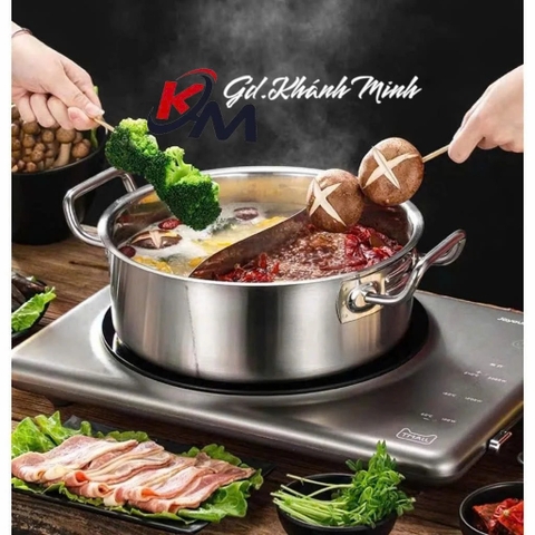 Nồi Lẩu Đôi 2 Ngăn Sâu Lòng Chất Inox Dày Cao Cấp Chống Gỉ Sét Kèm Nắp Kính Đậy Chịu Nhiệt Tốt