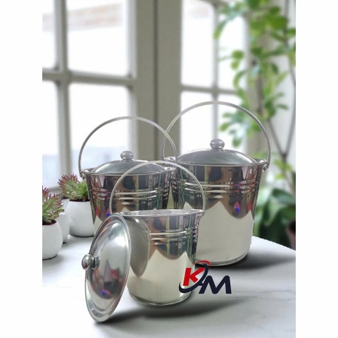 Xô Inox Có Nắp + Quai xách Chắc Chắn An Toàn Cỡ Đại Tiện Dụng 12 Lít - 15 Lít -18 Lít