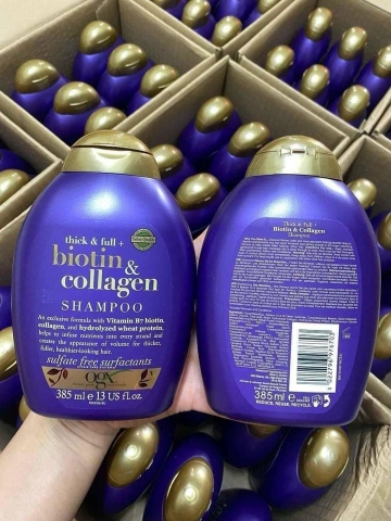 Cặp Dầu Gội Xả OGX Thick & Full Biotin & Collagen màu tím mỗi chai 385ml