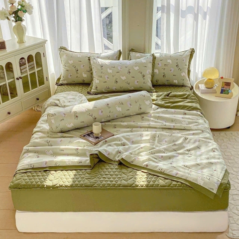 Bộ chăn, ga trần, vỏ gối 5 món vải cotton đũi nhập khẩu Hàn Quốc đủ size