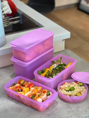 Bộ trữ mát tím freshia tupperware 5 món 1 hộp 3.1L, 2 hộp 2.2L, 1 hộp 1.3L và 1 hộp tròn 550ml