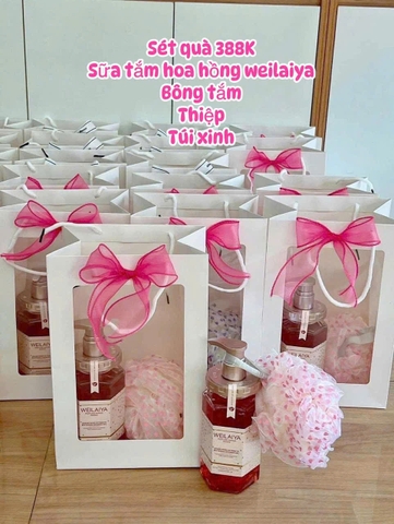 Set quà sữa tắm Weilay hoa hồng và bông tắm