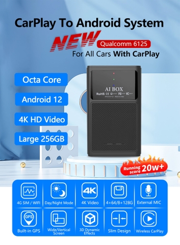 Android box cho ô tô, chip Qualcomm 6125/665 8 nhân, bộ nhớ 8Gb+128Gb, tặng S2