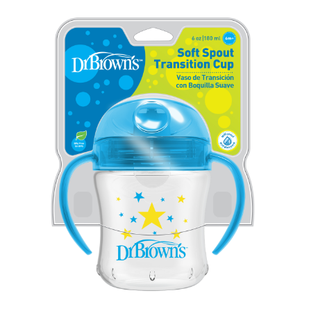 Ca tập uống Dr Brown's đầu mềm, 180ml (6m+), Hồng và Xanh