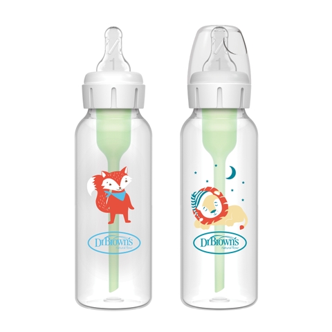 Bộ bình sữa 2 chiếc, cổ thường, bằng nhựa, dung tích 250ml, loại tùy chọn, hoạ tiết con cáo và sư tử. Mã hàng SB82034-P4. Nhãn hiệu Dr Brown's.