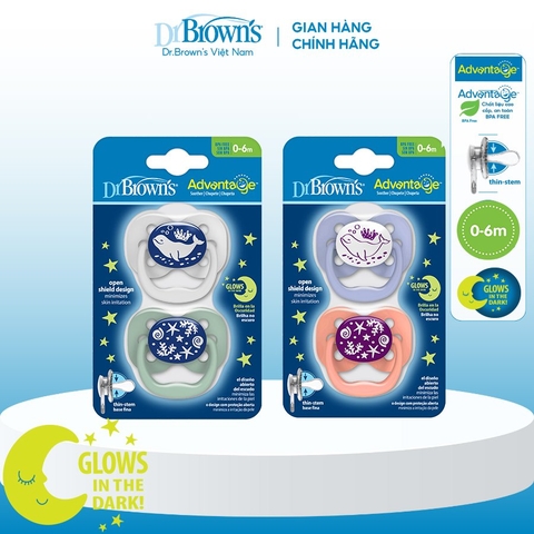Bộ 2 ty ngậm dạ quang Dr.Browns siêu mềm đầu tròn dành cho bé từ 0-6M, 6-18M