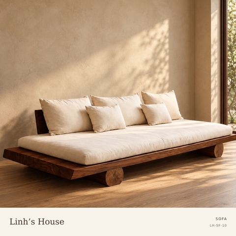 Sofa chân khúc gỗ, đệm kem