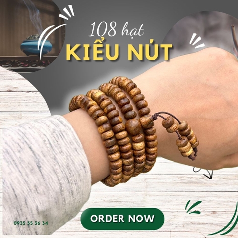 Vòng Tay Trầm Hương 108 hạt kiểu nút tốc kiến vườn - chuẩn trầm