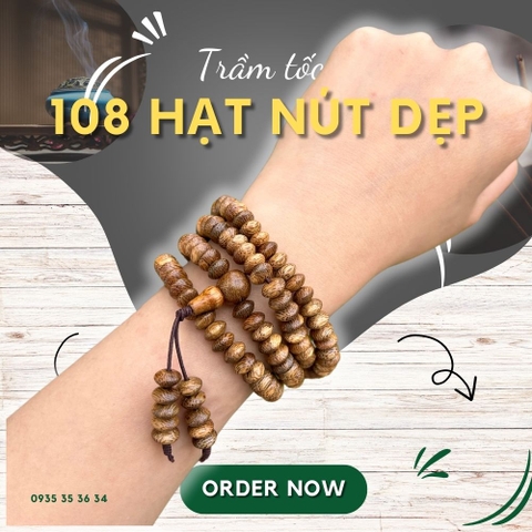 Vòng Tay Trầm Hương 108 hạt kiểu nút dẹp tốc kiến vườn - chuẩn trầm