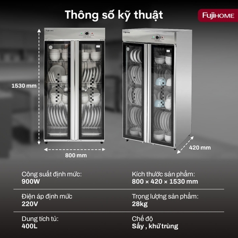 Tủ Sấy Chén Bát Tiệt Trùng Dung Tích Lớn Fujihome DD400A