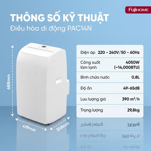 Điều hòa di động thế hệ mới, điều khiển thông minh – cửa gió lớn Fujihome PAC14N