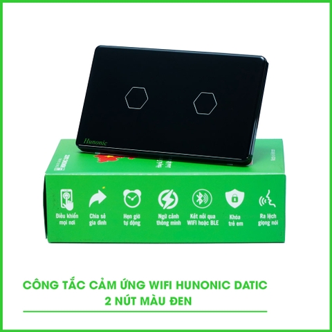 Công tác cám ứng WiFi Hunonic 2 Nút, HCN (Đen) (HN02SCD)
