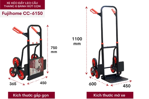 XE KÉO ĐẨY LEO CẦU THANG 6 BÁNH RÚT GỌN FUJIHOME CC-6150