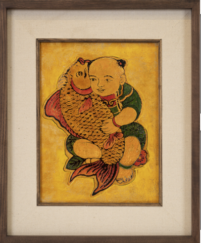 TRANH SƠN MÀI EM BÉ ÔM CÁ CHÉP