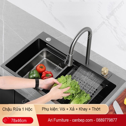 Chậu Rửa Chén 78x46cm Vòi Thác Dày 3.0mm - inox 201 Nano Đen