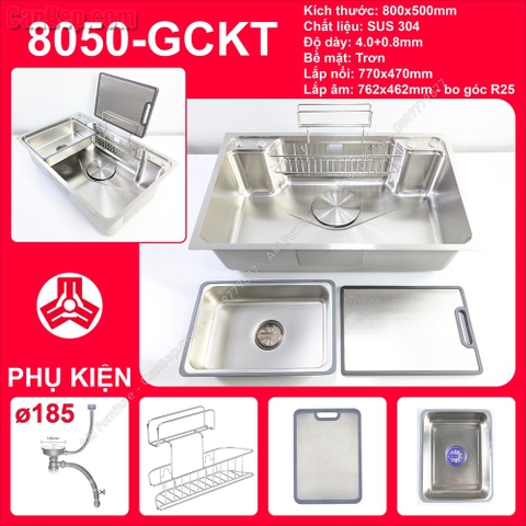 Chậu Rửa Chén 1 Hộc 80x50cm Giỏ Khay Thớt - inox 304