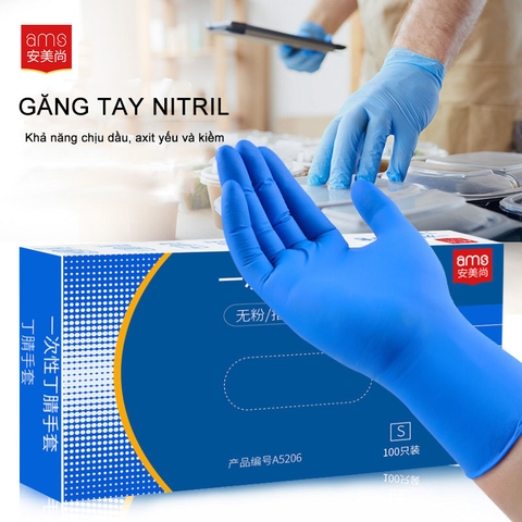 Găng tay nitrile Ams dùng một lần màu xanh lam, quy cách A5206 (hộp 100 cái)