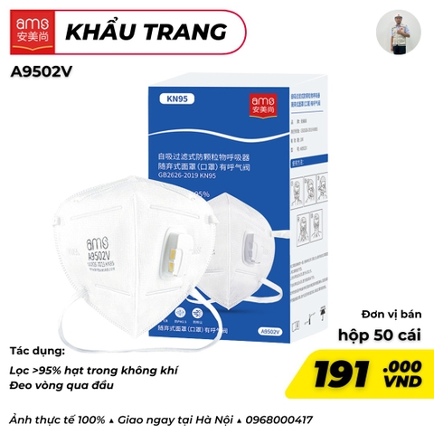Khẩu Trang AMS KN95 Màu Trắng Chống Bụi Đeo Đầu Có Van Model: A9502V  hộp 25 chiếc