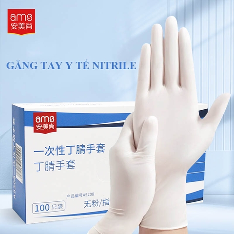 Găng tay y tế không bột màu trắng, hiệu: AMS, Model: A5208 (hộp 100 chiếc)