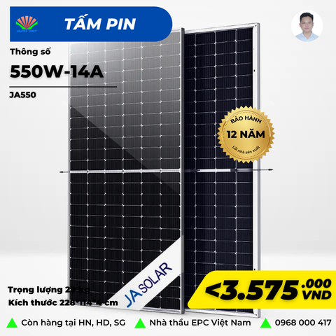 Tấm pin NLMT JA Solar 550W Mono Halfcell Ptype bảo hành 12 năm 550Wp - JAM72S30-550/MR
