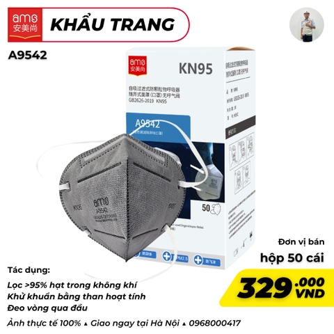 Khẩu trang KN95 chứa than hoạt tính 5 lớp Đeo qua đầu, hiệu AMS, Model: A9542, hộp 50 chiếc