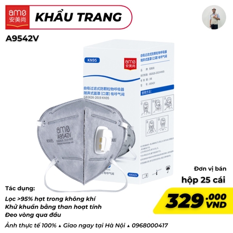 Khẩu trang KN95 chứa than hoạt tính 5 lớp Đeo qua đầu và Có Van, hiệu AMS, Model: A9542V, hộp 25 chiếc
