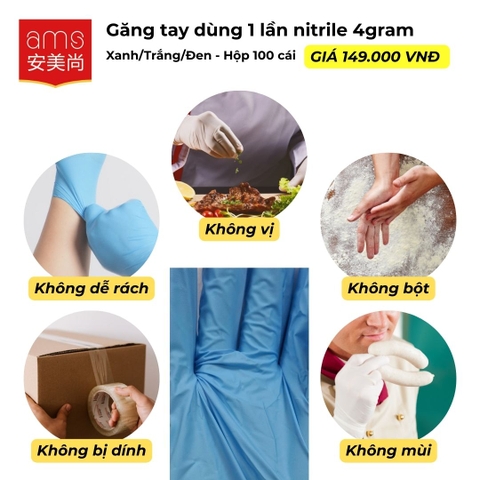 Găng tay dùng 1 lần không mùi, không vị, không bột, không dính, bám tay hơn, dai hơn, cảm ứng  4gram 9inch 240mm, (hộp 100 cái)