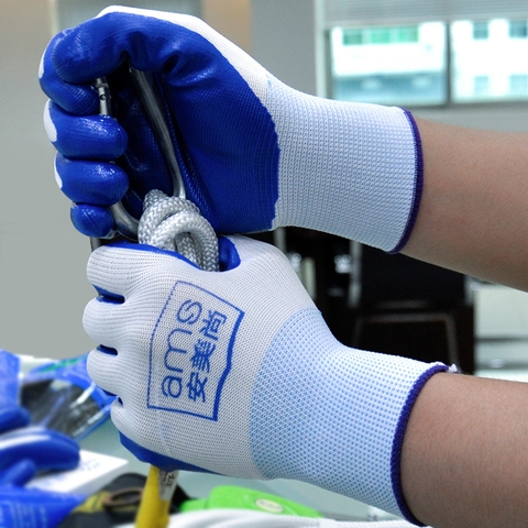 Găng tay chống trượt tráng sơn Nitrile xanh lam hiệu: AMS, model:A562 chuẩn GB24541-2022 (túi 12 đôi, gói 80 đôi, bao tải 1200 đôi)