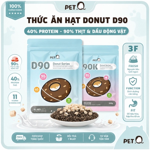 Hạt Donut D90K PetQ Cho Mèo Con 200g - 90% Thịt & Dầu Động Vật, 40% Protein, Không Ngũ Cốc
