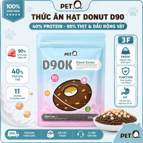 Hạt Donut D90K PetQ Cho Mèo Con 200g - 90% Thịt & Dầu Động Vật, 40% Protein, Không Ngũ Cốc