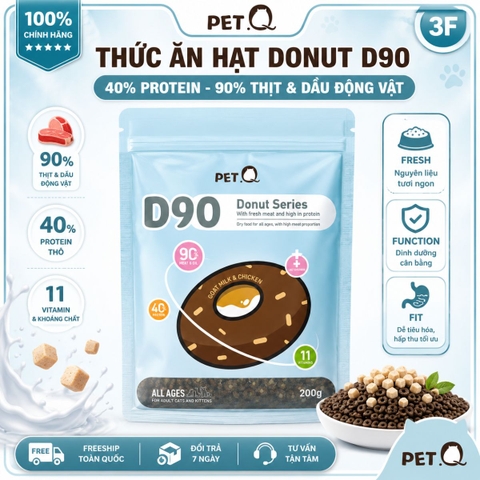 Hạt Donut D90K PetQ Cho Mèo Con 200g - 90% Thịt & Dầu Động Vật, 40% Protein, Không Ngũ Cốc