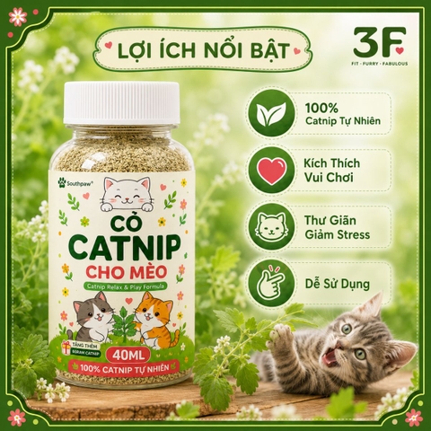 Cỏ Catnip Cho Mèo Southpaw 40ML - 100% Catnip Tự Nhiên, Hỗ Trợ Thư Giãn, Kích Thích Vui Chơi Cho Mèo
