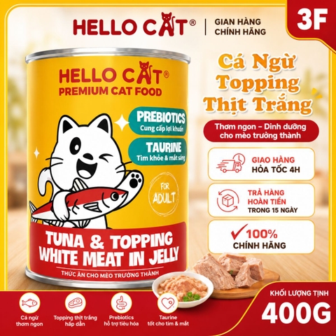 Pate Hello Cat Tuna 400g Cho Mèo - Cá Ngừ Trong Thạch, Bổ Sung Taurine & Prebiotics Cho Mèo Mọi Lứa Tuổi