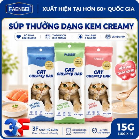Súp Thưởng Creamy Faenbei Cho Mèo 4x15g - Kem Thưởng Bổ Sung Taurine, Omega 3 & Vitamin