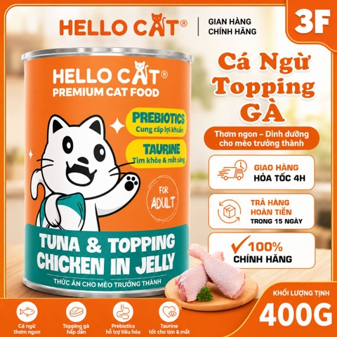 Pate Hello Cat Tuna 400g Cho Mèo - Cá Ngừ Trong Thạch, Bổ Sung Taurine & Prebiotics Cho Mèo Mọi Lứa Tuổi