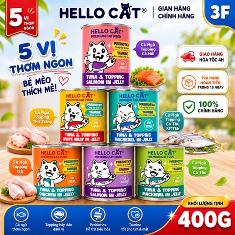 Pate Hello Cat Tuna 400g Cho Mèo - Cá Ngừ Trong Thạch, Bổ Sung Taurine & Prebiotics Cho Mèo Mọi Lứa Tuổi