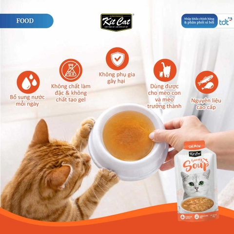 🔥 Súp Thưởng Cho Mèo Kit Cat Savoury Soup 50g Vị Cá Hồi – Bổ Sung Nước, Topping Cá Hồi Thật, Không Chất Bảo Quản